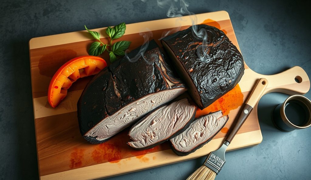 Full packer-scale seitan vegan brisket with two laminated slabs showing a point-and-flat cross-section at the cut, thick bark exterior and miso seam visible, smoke drifting over the dramatic showpiece.