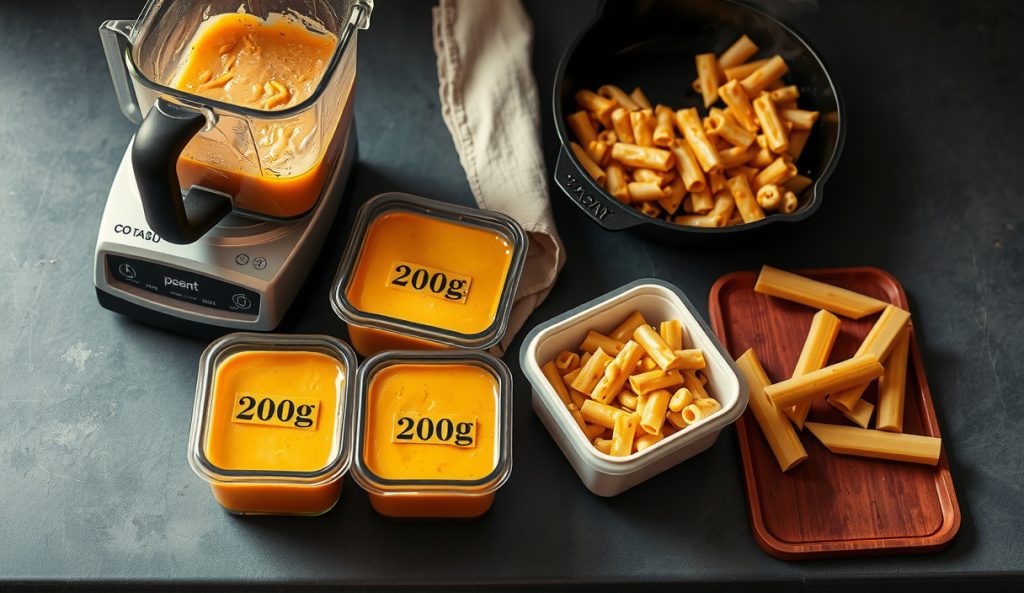 Cashew smoke sauce portioned into freezer containers beside a blender and a finished smoked vegan mac and cheese casserole, showing the double-batch freeze-ahead meal prep strategy.