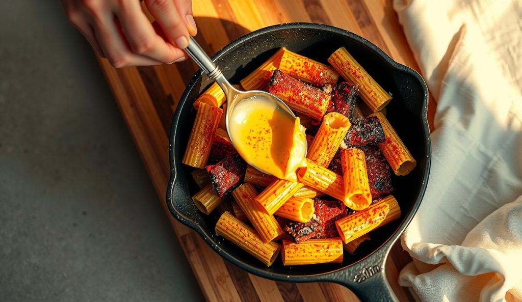 Vegan smoked mac and cheese in a stoneware dish with a smoke-bronzed top crust broken by a spoon, revealing creamy golden cashew sauce oozing from the interior, steam rising from the hot dish.