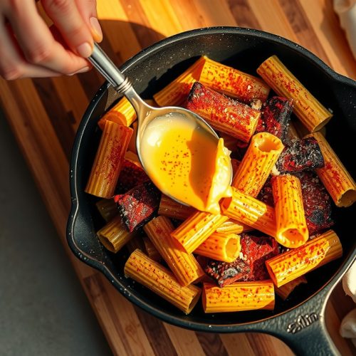 Vegan smoked mac and cheese in a stoneware dish with a smoke-bronzed top crust broken by a spoon, revealing creamy golden cashew sauce oozing from the interior, steam rising from the hot dish.