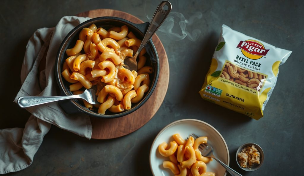 Gluten-free vegan smoked mac and cheese in stoneware with GF brown rice pasta, cashew sauce, and gluten-free certified pasta packages staged alongside, showing the gluten-free adaptation.