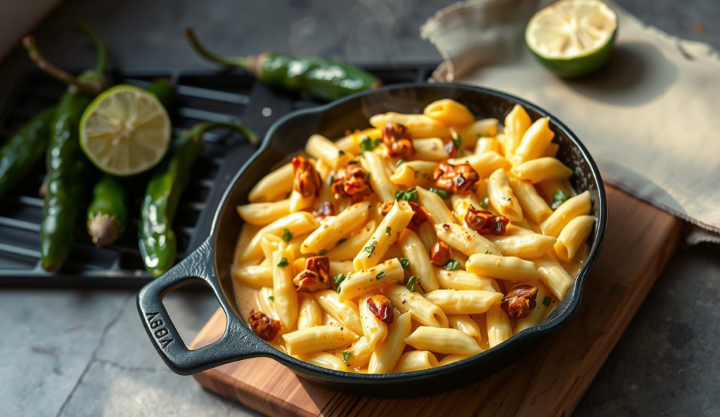 Jalapeño-lime vegan smoked mac and cheese in a cast iron skillet with smoke-roasted jalapeño pieces in cashew sauce, a squeezed lime half alongside, showing the spicy smoker-roasted jalapeño heat variation.