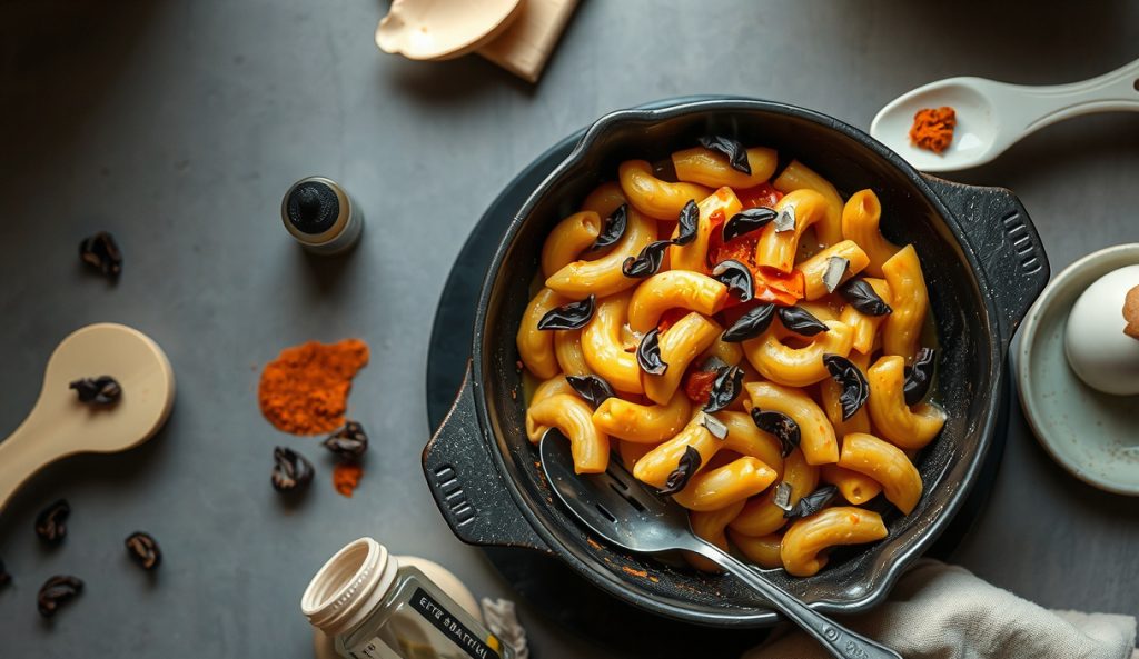 Vegan smoked mac and cheese in a gratin dish with porcini powder jar and white truffle oil bottle staged alongside, showing the truffle and porcini umami layering modernist variation.