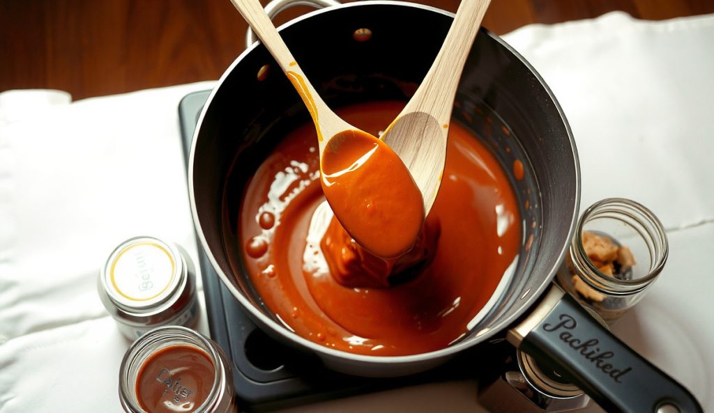 A wide saucepan with a double batch of whole-food BBQ sauce at full reduction, three open mason jars staged for portioning beside it — the scaled-up batch cooking variant.