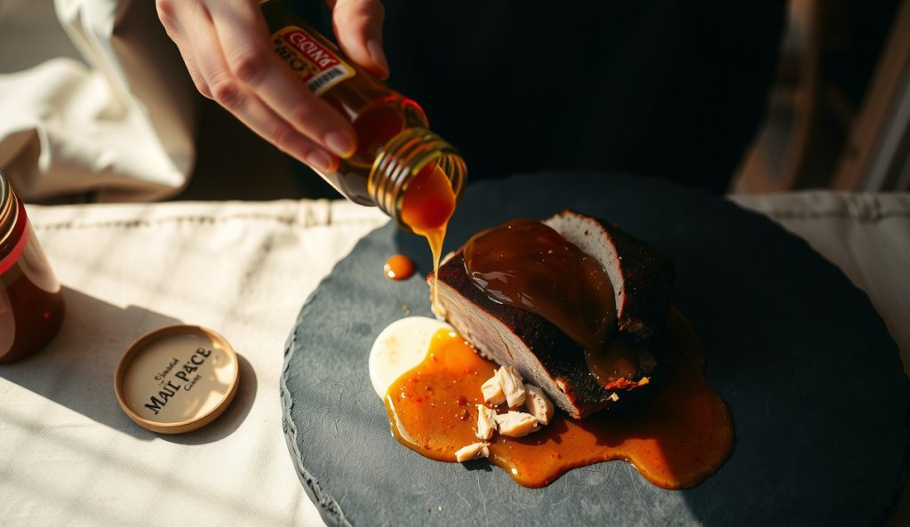 Thin pale amber whole-food BBQ sauce pouring over pulled pork bark from a glass bottle, visibly watery and vinegar-forward compared to thick versions — the Carolina-style thin vinegar mop variant.