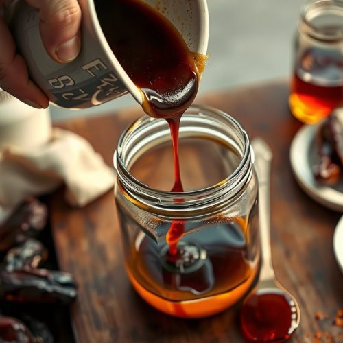 Whole-food BBQ sauce poured from a ceramic pitcher into a mason jar, deep mahogany ribbon with visible viscosity, Medjool dates and apple cider vinegar in background, smoked paprika on the jar rim, raw honey dish alongside.