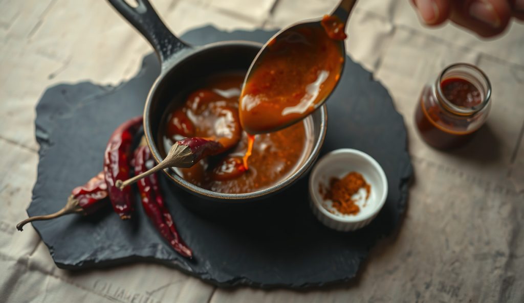 Whole-food BBQ sauce in a saucepan with a deep chipotle-darkened color, a whole chipotle in adobo and chipotle powder pinch bowl alongside — the spicy chipotle smoke-amplified variant.
