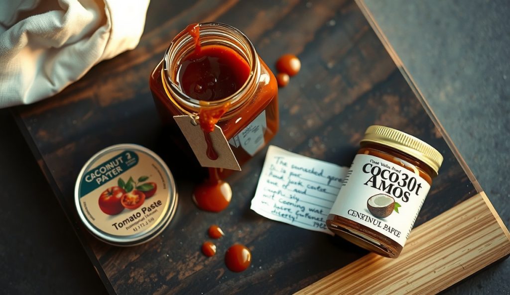 A glass jar of whole-food BBQ sauce with a kraft paper Whole30 tag, two compliant ingredient labels staged beside it for the label-verification step — the Whole30 compliance guide variant.
