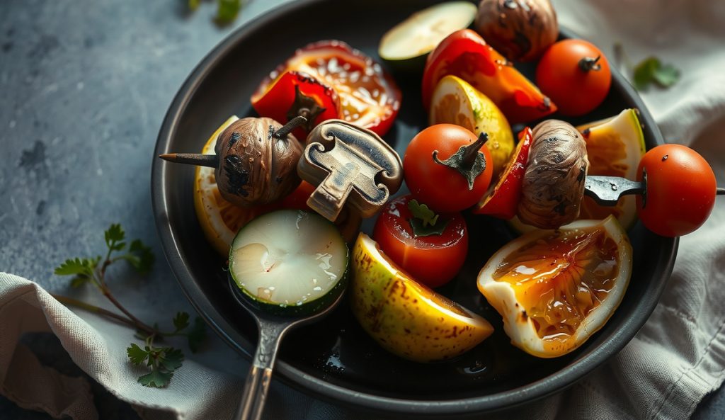 Whole-food smoked veggie skewers on a dark stoneware plate, zucchini and bell peppers with Maillard char, blistered cherry tomatoes, caramelized onion, garlic and lemon zest clinging to the vegetables, olive oil glistening.