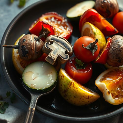 Whole-food smoked veggie skewers on a dark stoneware plate, zucchini and bell peppers with Maillard char, blistered cherry tomatoes, caramelized onion, garlic and lemon zest clinging to the vegetables, olive oil glistening.
