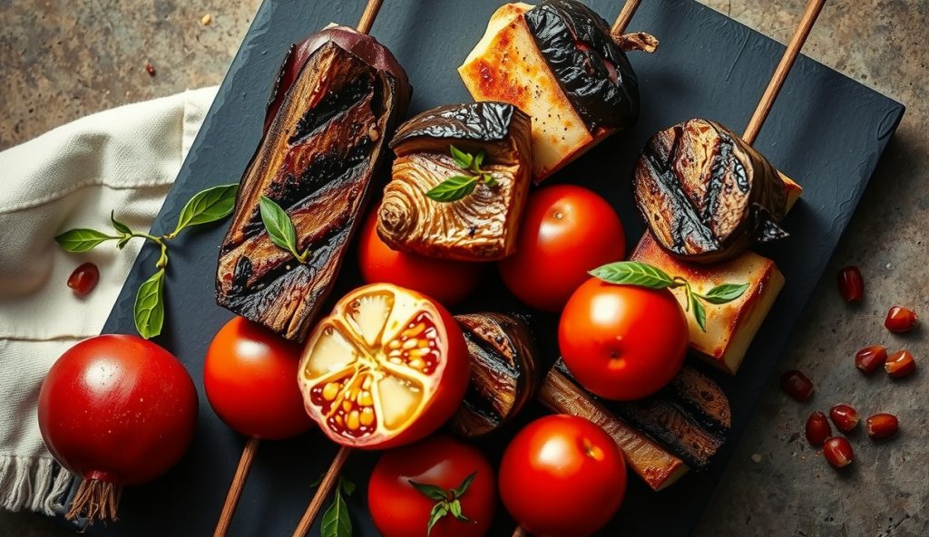 Grilled veggie skewers glazed with pomegranate molasses and coated in za'atar and dried oregano, showing deep amber caramelization and Levantine Mediterranean herb profile on a dark slate board.