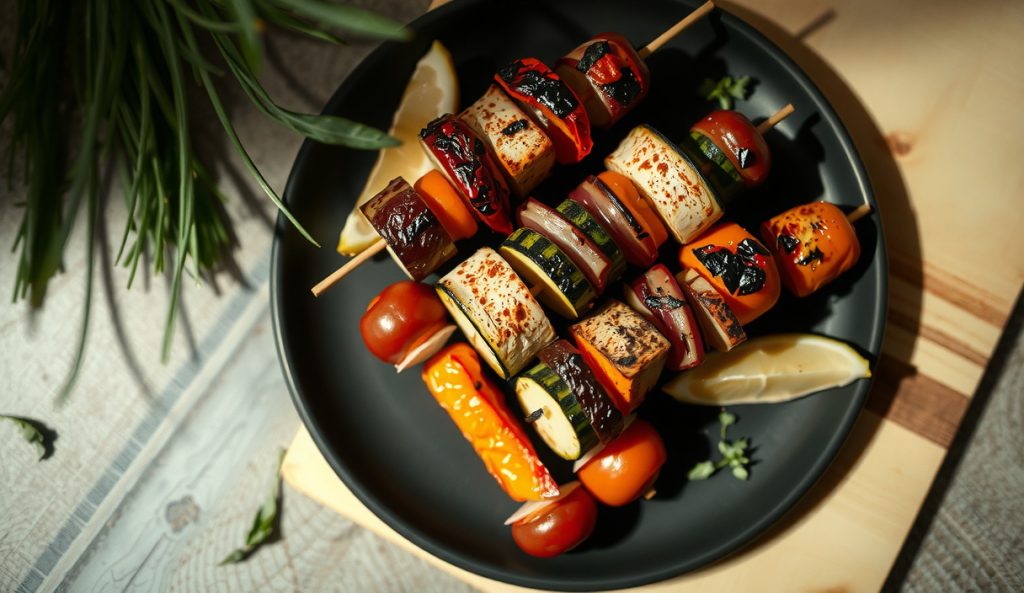 Oven-roasted veggie skewers on a wire rack over a sheet pan, showing broiler-charred zucchini, bell pepper, and onion with smoked paprika crust — the winter oven adaptation of smoked veggie skewers.