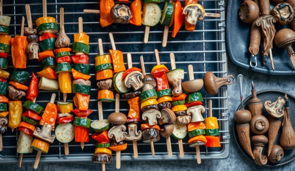 Two fully loaded grill grates packed with rows of lemon-herb marinated veggie skewers, showing the crowd-scale batch setup with careful grate spacing and smoke drifting across.