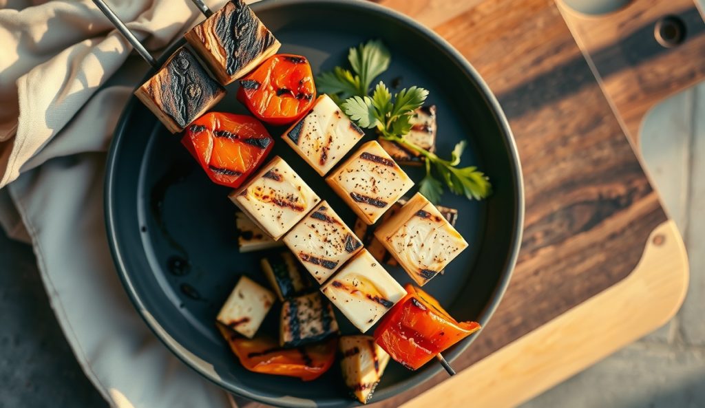 Grilled skewers featuring alternating cubes of golden halloumi and smoked firm tofu alongside charred vegetables, showing both protein substitutions on a dark stoneware plate.